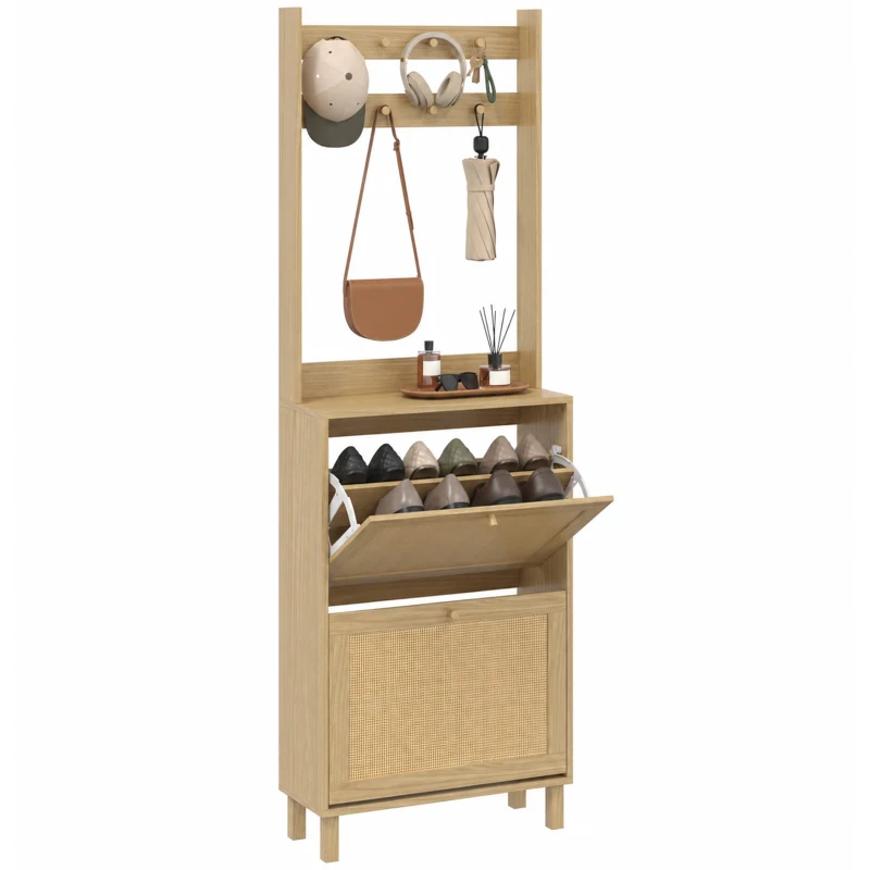 HOMCOM Porte-Manteau 2 en 1, Meuble d'Entrée avec Meuble à Chaussures, Portes Effet Rotin et 8 Crochets, Bois Naturel