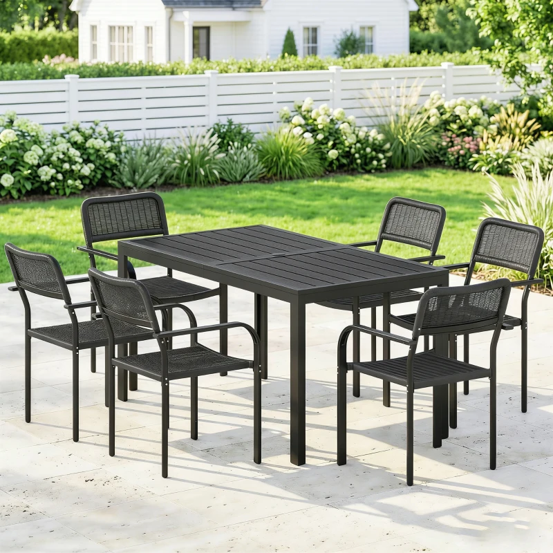 Outsunny Set da Pranzo per Esterno per 6 Persone, Tavolo in Metallo Effetto Legno e Sedie Impilabili, Nero