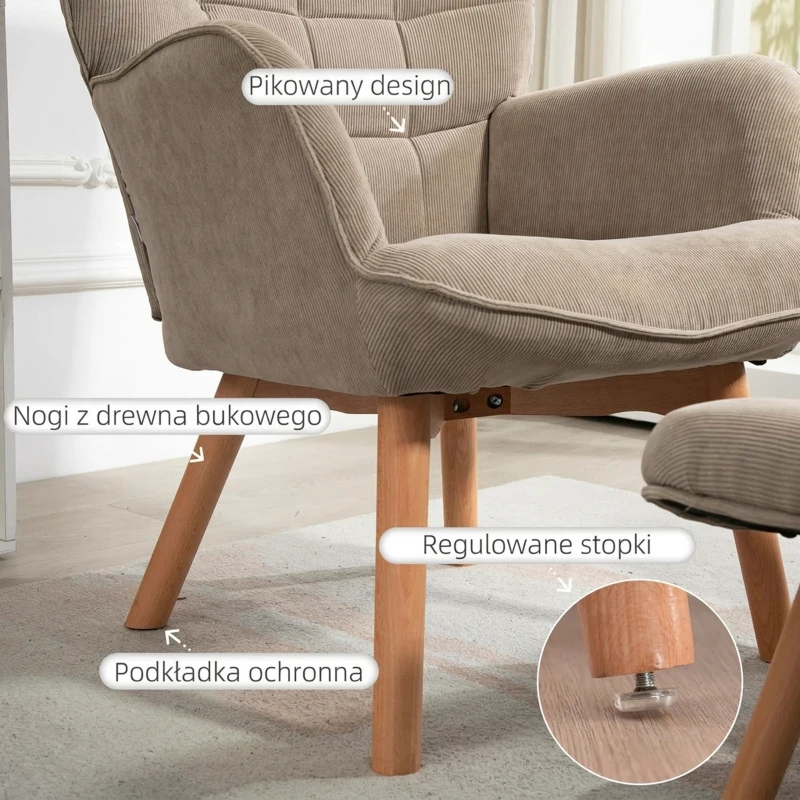 HOMCOM Fotel Relaksacyjny Zestaw z Podnóżkiem Skandynawski Design Drewno Bukowe Szary