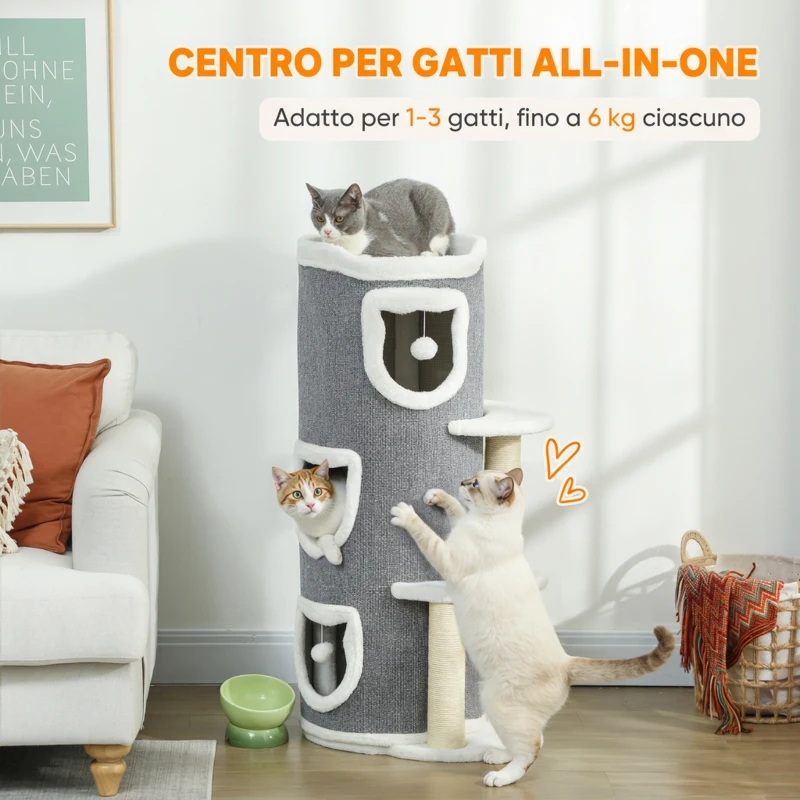 PawHut Tiragraffi per Gatti Multilivello con Palo Graffiato in Sisal, 3 Grotte, Cuccia, 3 Pompon, Piattaforme, Grigio