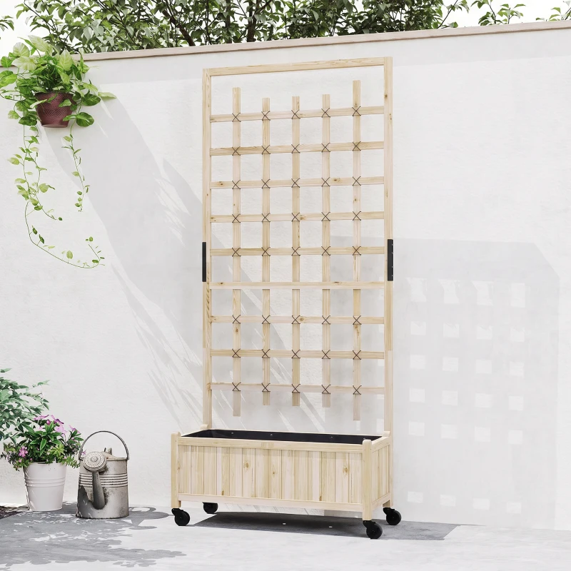 Outsunny Orto Rialzato da Esterno in Legno Grigliato, Fori di Drenaggio, Ruote, per Fiori Verdure 82.5x35x186cm Naturale