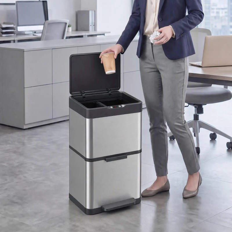 HOMCOM Coș de Gunoi Automat cu Senzor pentru Colectare Selectivă, 3 Compartimente (2 x 12,5 L + 15 L), din Oțel Inoxidabil, Găleți Detașabile