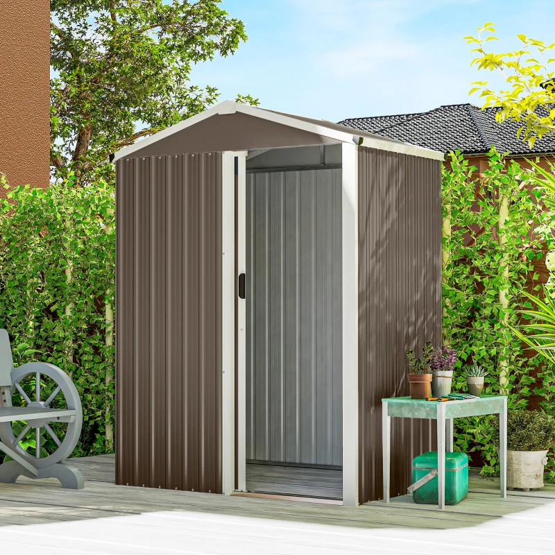 Outsunny Abri de Jardin en Métal 1,1 m², Cabane Jardin Extérieure, Porte Coulissante Verrouillable, 136x87x176cm, Marron