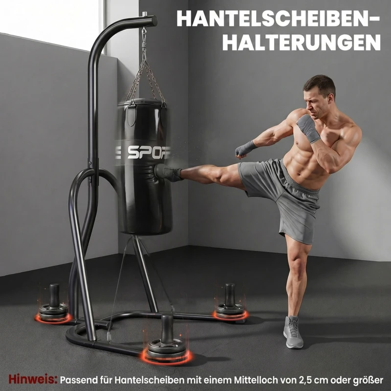 SPORTNOW Boxsackständer Freistehender Boxsackhalter mit Boxsack Bungee-Seil 360° Kette U-basis Hantelscheibenhalterung Stahl
