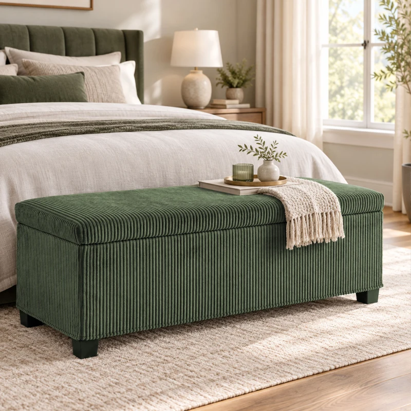 HOMCOM Banc de Rangement, Bout de Lit en Velours Côtelé avec Couvercle, pour Salon, Chambre, Entrée, 112x42x40 cm, Vert Clair