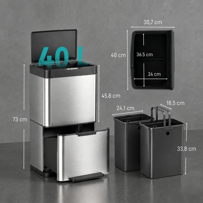 HOMCOM Poubelle de Cuisine Automatique 40 L en Inox, 3 Compartiments, Seaux Intérieurs Amovibles, Fermeture douce, Argenté