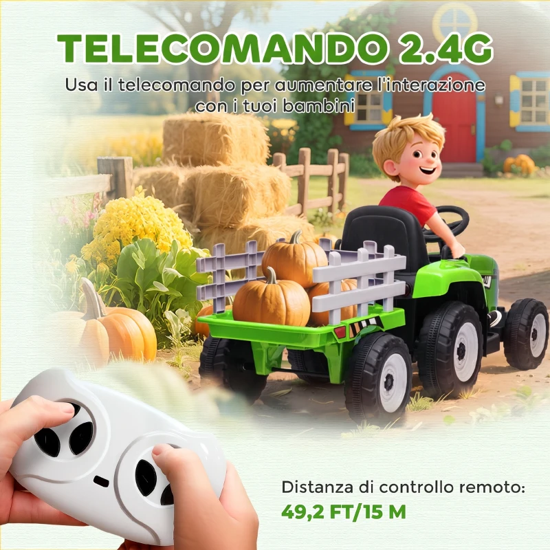 HOMCOM Trattore Elettrico per Bambini 3-6 Anni con Rimorchio Rimovibile, Batteria 12V e Telecomando, Verde