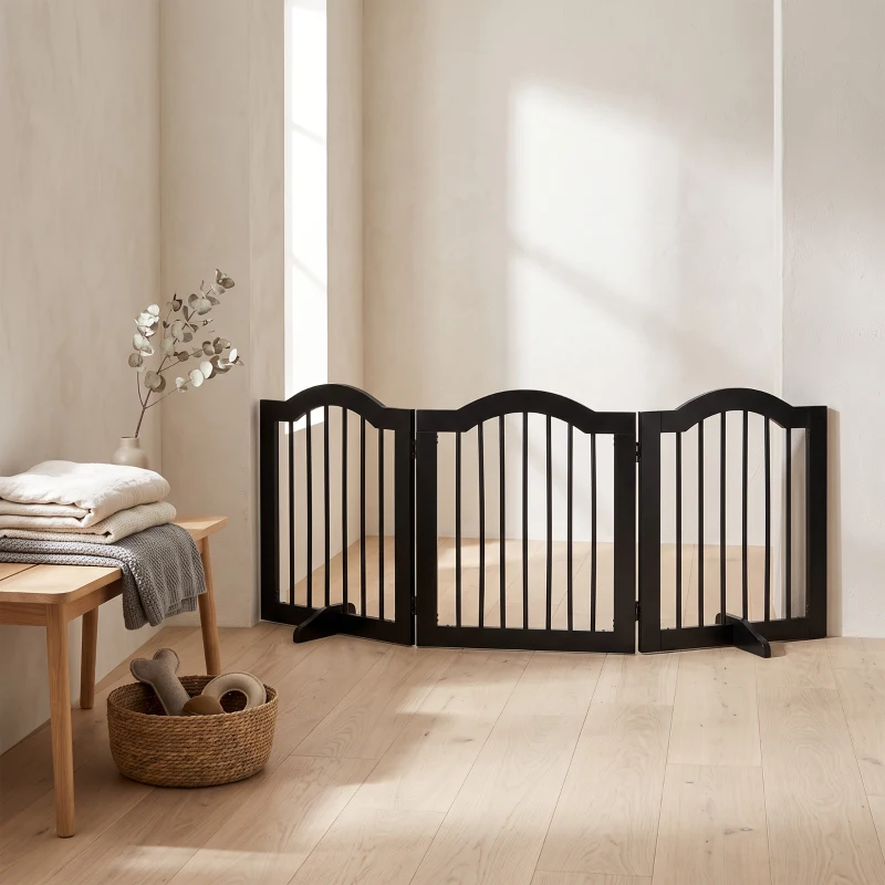 PawHut Cancellino per Cani Pieghevole a 3 Sezioni in Legno, Barriera per Cani con Piedini, 154.5x29.5x61cm, Nero