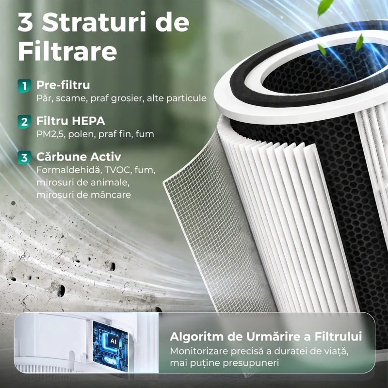 HOMCOM Purificator de Aer Smart cu Aplicație, WiFi, pentru 27 m², Filtru HEPA, CADR 225 m³/h, 28 dB