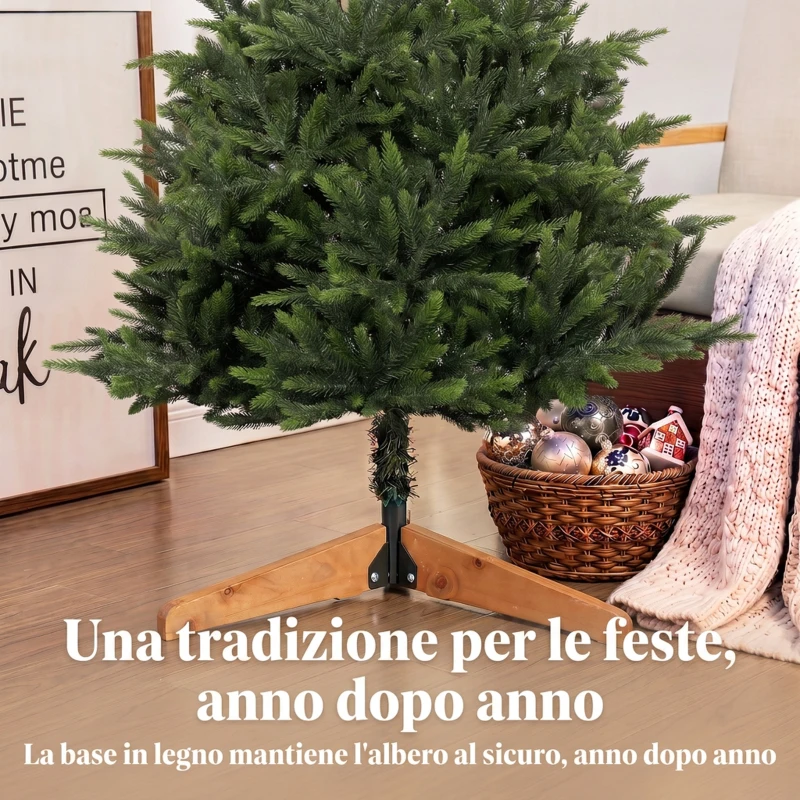 HOMCOM Albero di Natale Artificiale 180cm Folto Realistico, 732 Rami in PE, Base Pieghevole in Legno, Verde