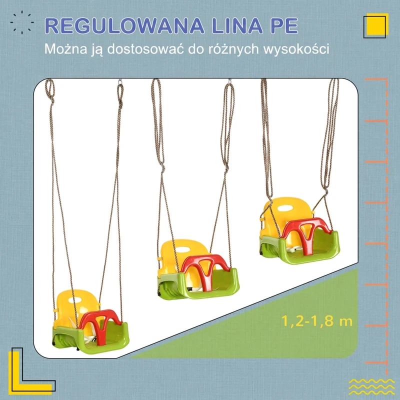 Outsunny Huśtawka dla dzieci 3-w-1 regulowana, z oparciem, pasem bezpieczeństwa, dla dzieci 9-36 miesięcy, zielona