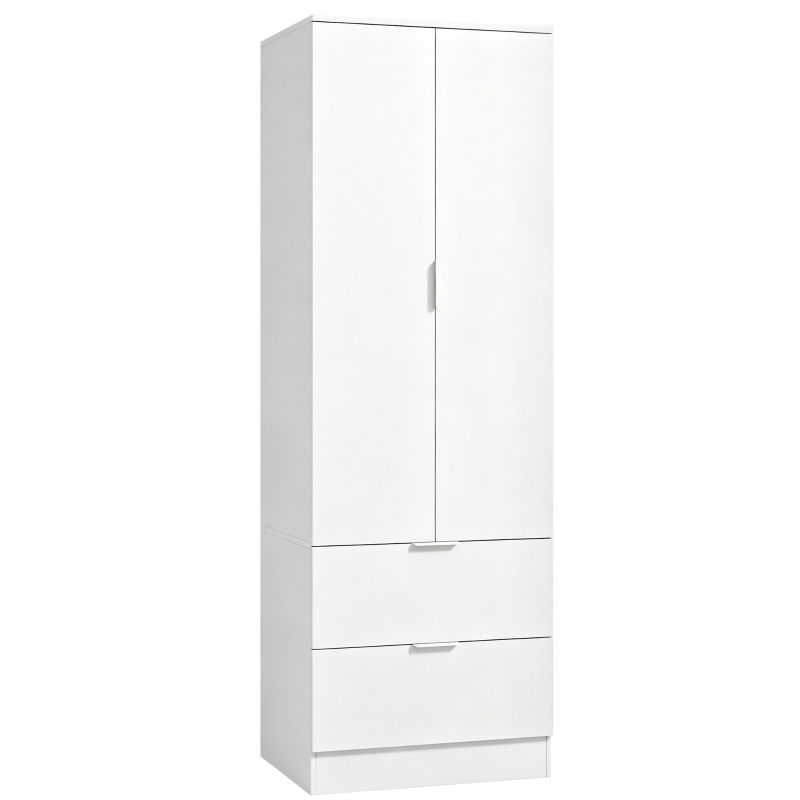 HOMCOM Armoire Chambre Penderie avec 2 Tiroirs, 2 Portes à Fermeture Douce et Barre de Suspension, 60 x 47 x 180 cm, Blanc