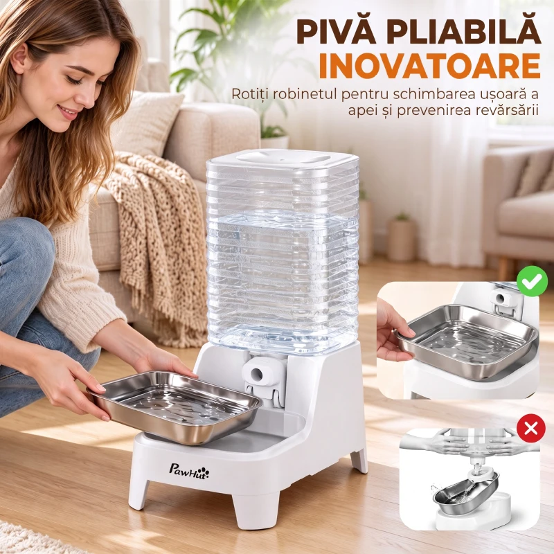 PawHut distribuitor automat de apă cu gravitație 8 L pentru pisici și câini, cu bol din inox, alb
