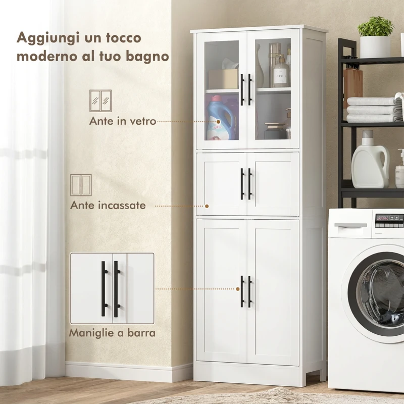 HOMCOM Mobile Bagno Alto Slim 170cm, con Ante in Vetro, Ripiani Regolabili, Moderno, 60x30x170 cm, Bianco