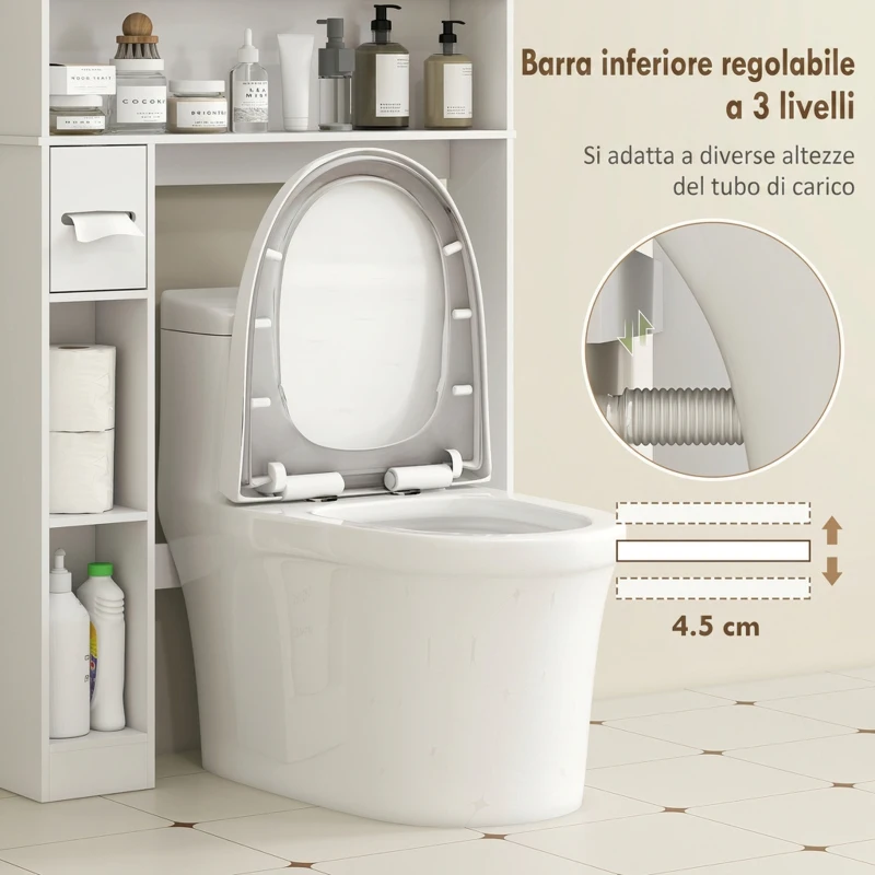 HOMCOM Mobile Sopra WC con Armadietto a 2 Ante e Ripiani Aperti, 80x19.5x170 cm, per Bagno e Lavanderia, Bianco