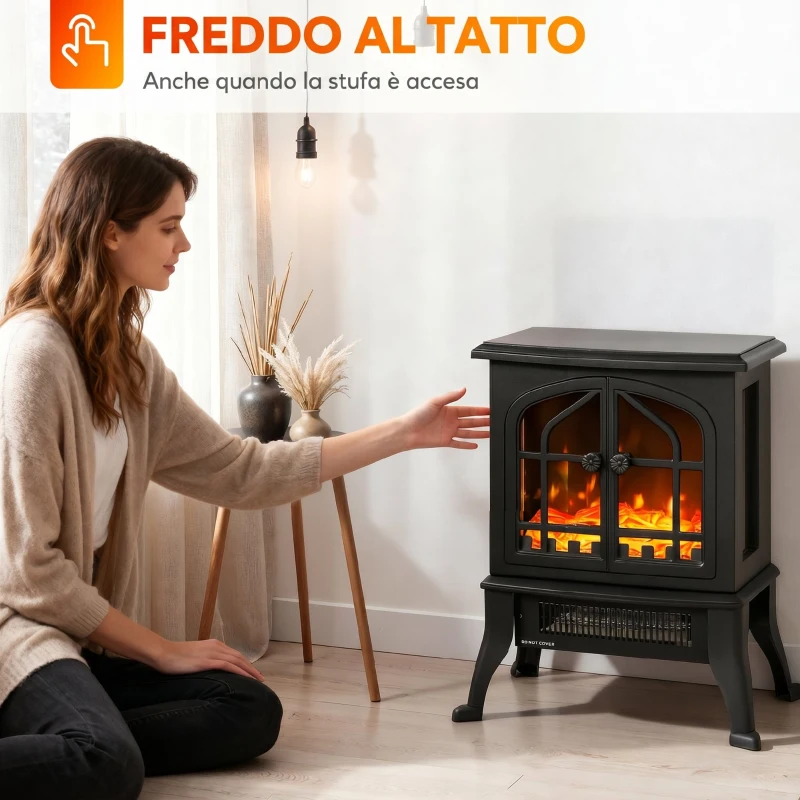 HOMCOM Camino Elettrico da Terra 900/1800W Vista su Tre Lati, Fiamma 3D e Termostato Regolabile 10-35°C, 30㎡, Nero