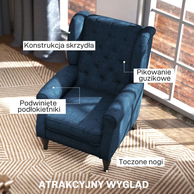 HOMCOM Elegancki Fotel Uszak, Solidnie Wypełniony, Zdejmowana Tapicerka, 74 x 86 x 102 cm, Niebieski