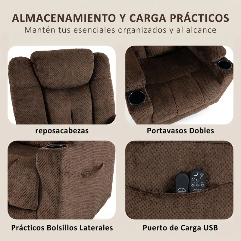 HOMCOM Sillón Relax Reclinable Eléctrico Levanta Personas Mayores con Masaje Calor Portavasos Mando Bolsillos Marrón Oscuro