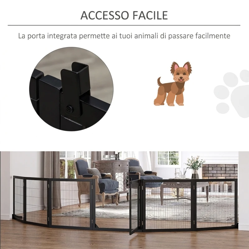 PawHut Cancelletto per Cani di Piccola/Media Taglia a 6 Pannelli Pieghevoli, in Legno e Acciaio, 432x36x70 cm, Nero