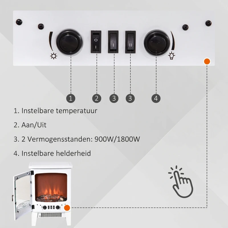 HOMCOM LED elektrische haard staande haard haardkachel met vlameffect 900/1800W metaal ABS kunststof glas wit 39 x 26 x 54,8 cm(m-5)