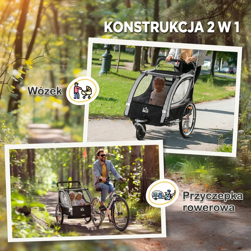 2 w 1 Przyczepka dziecięca, składana, z odczepianym kołem