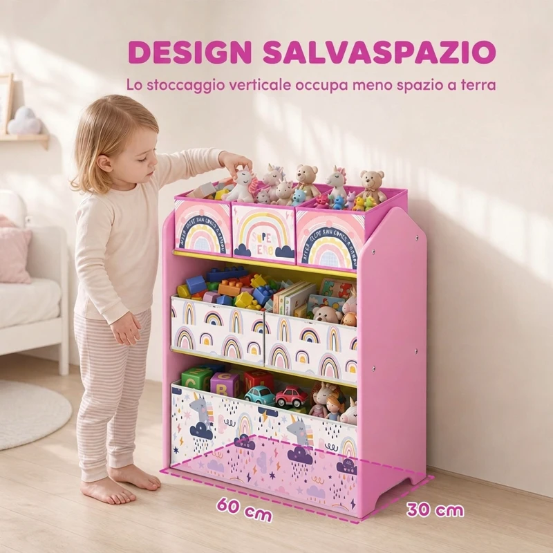 AIYAPLAY Scaffale Portagiochi Bambini a 3 Livelli con 6 Contenitori, Tema Ragazza Rosa, per Cameretta e Sala Giochi