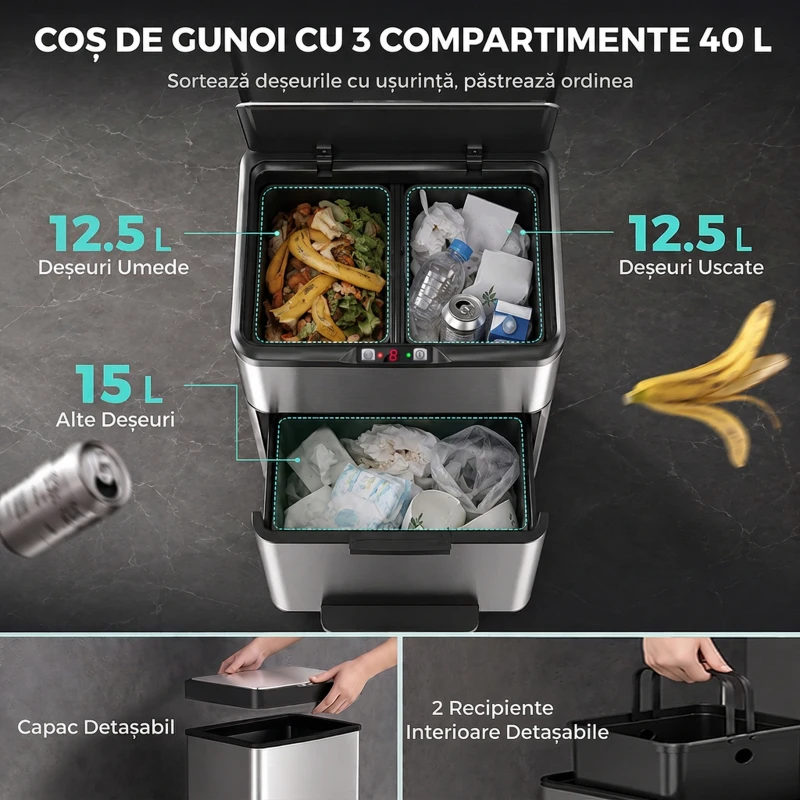 HOMCOM Coș de Gunoi Automat cu Senzor pentru Colectare Selectivă, 3 Compartimente (2 x 12,5 L + 15 L), din Oțel Inoxidabil, Găleți Detașabile
