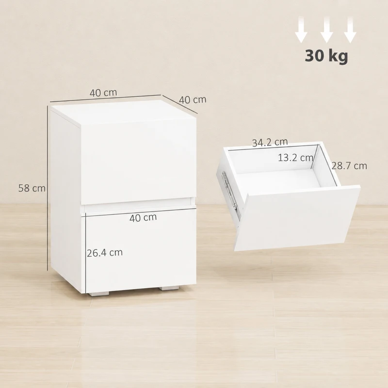 HOMCOM Set di 2 Comodini da Camera da Letto con 2 Cassetti, Tavolini per Camera da Letto, 40x40x58 cm, Bianco