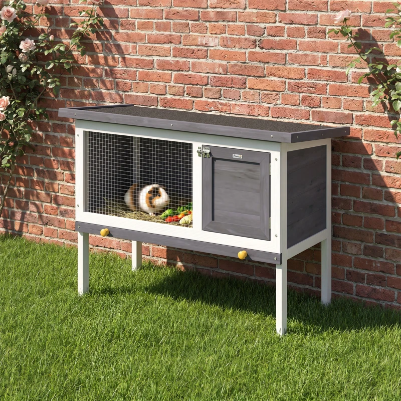 PawHut Conejera de Madera, Jaula para Conejos Medianos con Techo Asfáltico Abatible Bandeja Extraíble Puerta con Pestillo Gris