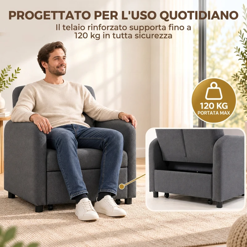 HOMCOM Poltrona Letto 3 in 1 Estraibile, Reclinabile in Tessuto Effetto Lino con Schienale Regolabile e Cuscino