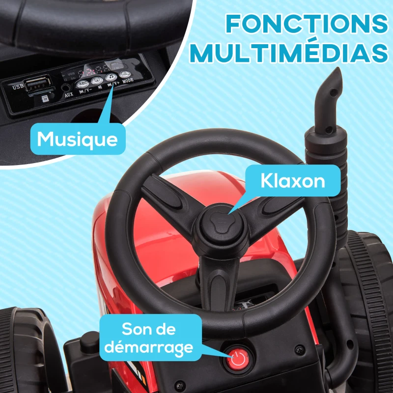 HOMCOM Tracteur électrique avec remorque amovible, pour enfants de 3 à 6 ans avec télécommande MP3 musique affichage lumières