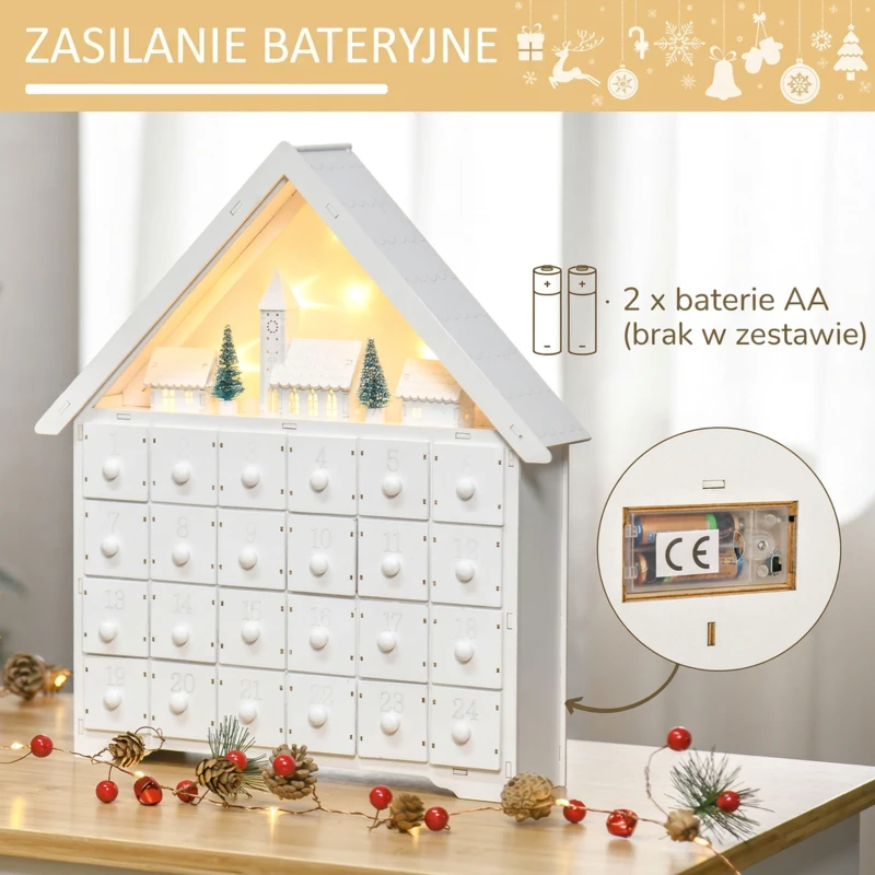 Kalendarz adwentowy kalendarz bożonarodzeniowy 24 szufladki z oświetleniem LED konstrukcja 2 w 1 MDF