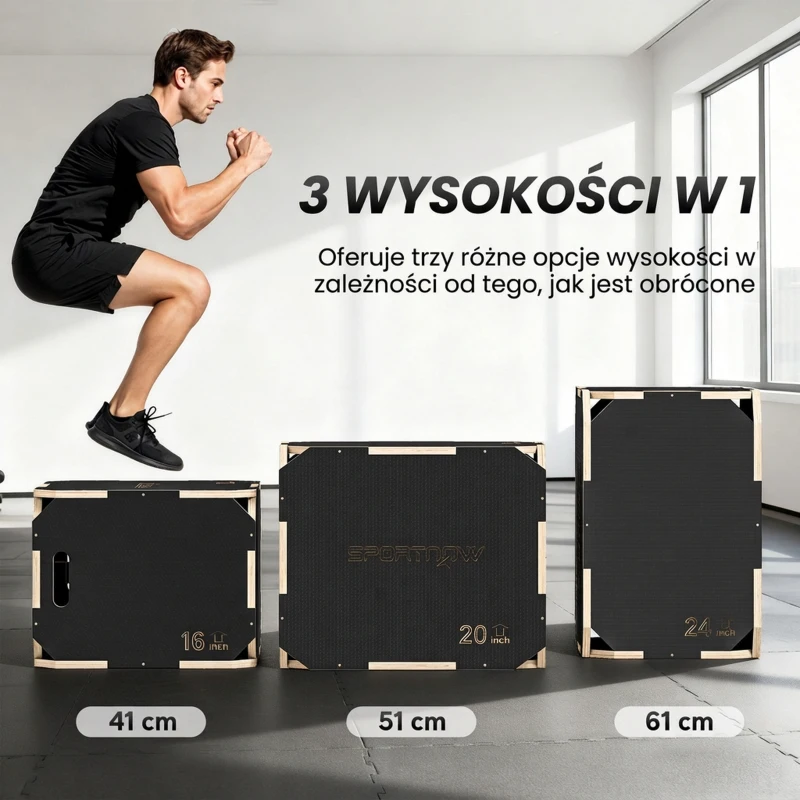 SPORTNOW Plyo Box 3 w 1, skrzynia do skakania z uchwytami, do domowego fitnessu i treningów na świeżym powietrzu, 3 poziomy wysokości, drewno, czarna
