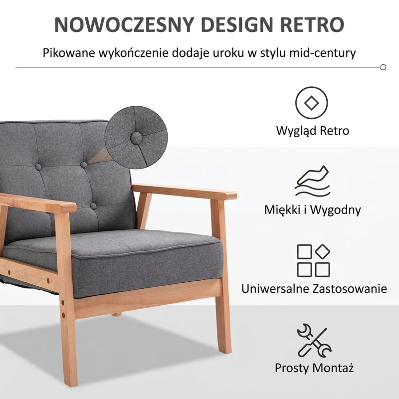 HOMCOM Fotel wypoczynkowy Fotel Lounge Krzesło Tapicerowane Z Podłokietnikami Drewniany Stelaż Len  64,5 X 70 X 70 cm Szary