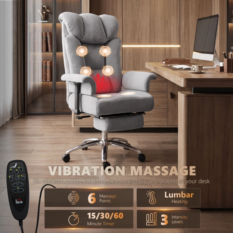HOMCOM 250 kg Big and Tall Massage Office Chair with Heat, High Back, Height Adjustable Linen Executive Desk Chair, Grey