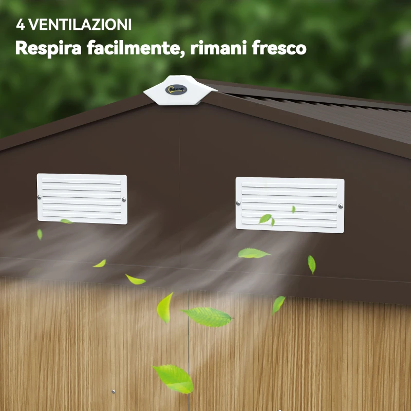 Outsunny Casetta da Giardino 4.9m² in Acciaio con Doppia Porta Scorrevole e Tetto Inclinato, Marrone Chiaro