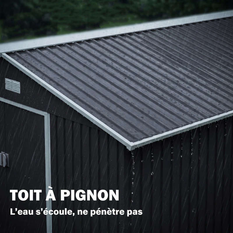 Outsunny Abri de Jardin 12,4 m², Kit de Fondation, Portes Coulissantes, Ventilations, Acier Galvanisé, 386x340x200cm, Gris Foncé