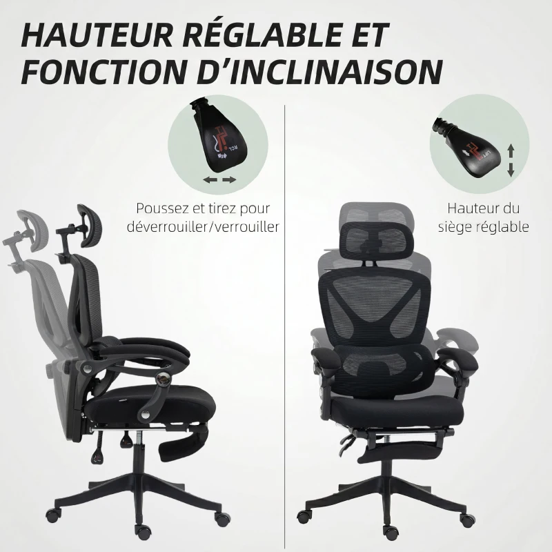 HOMCOM Chaise Bureau Ergonomique avec Appui-Tête Réglable, Fauteuil de Bureau Inclinable en Maille, Dossier Séparé, Noir