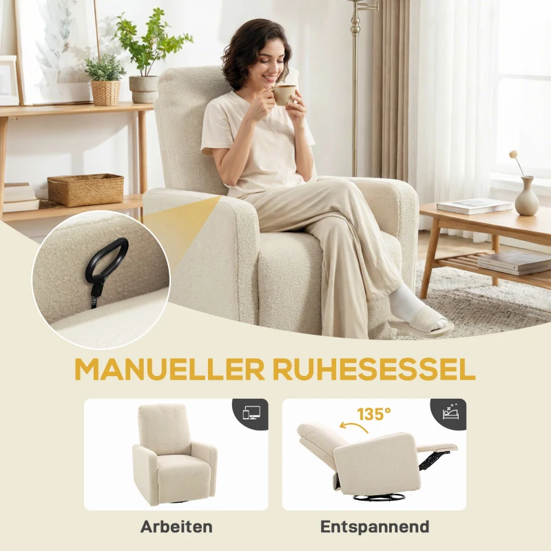 HOMCOM Recliner-Sessel, Entspannungssessel mit Fleece-Bezug, verstellbare Rückenlehne, Polstersessel, Stahl, Beige