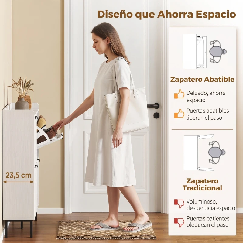 HOMCOM Zapatero Estrecho con 4 Cajones Abatibles y Divisores Ajustables para 8-16 Pares Blanco