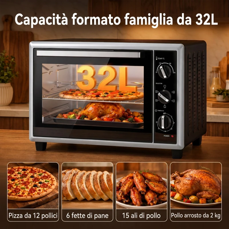 HOMCOM Forno Elettrico Ventilato 32L 1500W, Temperatura Regolabile 90-230°, 6 Modalità di Cottura, Porta in Vetro