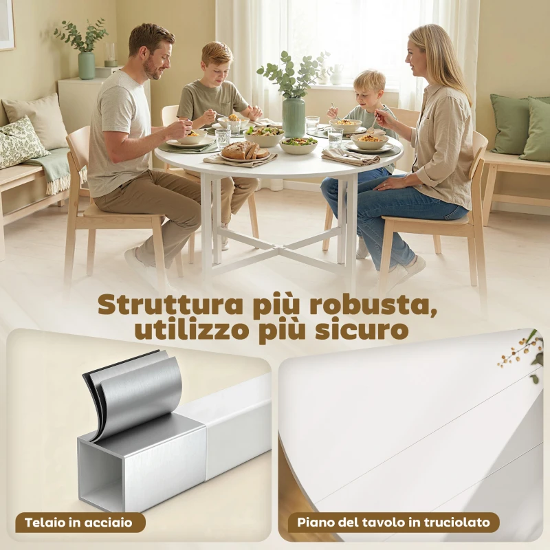 HOMCOM Tavolo da Pranzo Pieghevole, Tavolo Estensibile Salvaspazio per Piccoli Ambienti, Struttura in Acciaio, Bianco