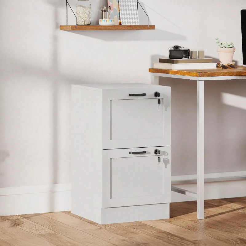 HOMCOM Cassettiera Portadocumenti a 2 Cassetti con Serrature e Spazio per Stampante, in Legno, 40x40x71 cm, Bianco