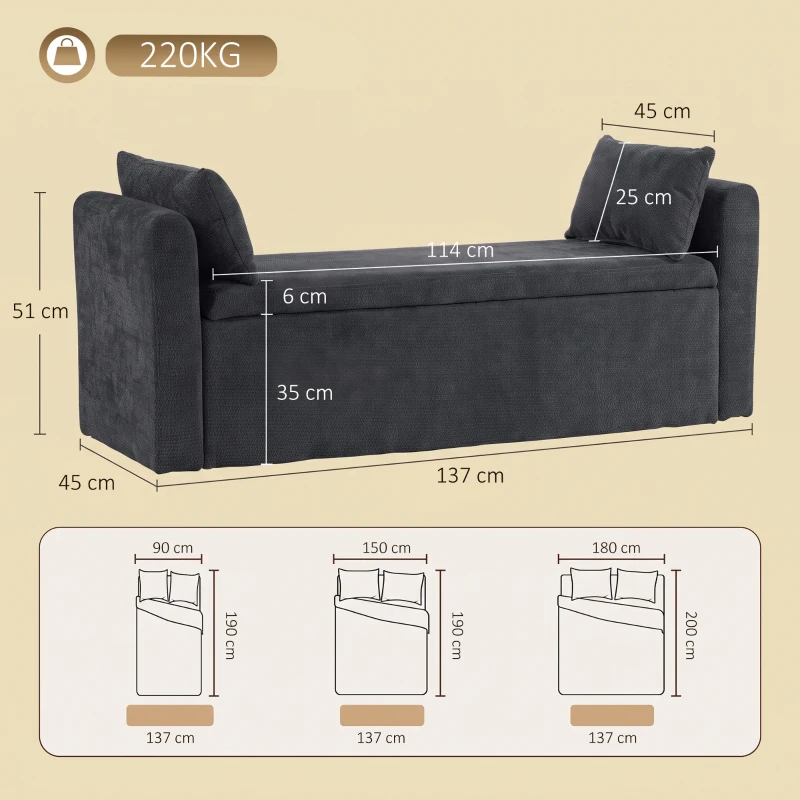 HOMCOM Banco de Almacenaje de Chenilla con Reposabrazos y Cojines Tapa Hidráulica Carga 220 kg 137x45x51 cm, Gris Oscuro