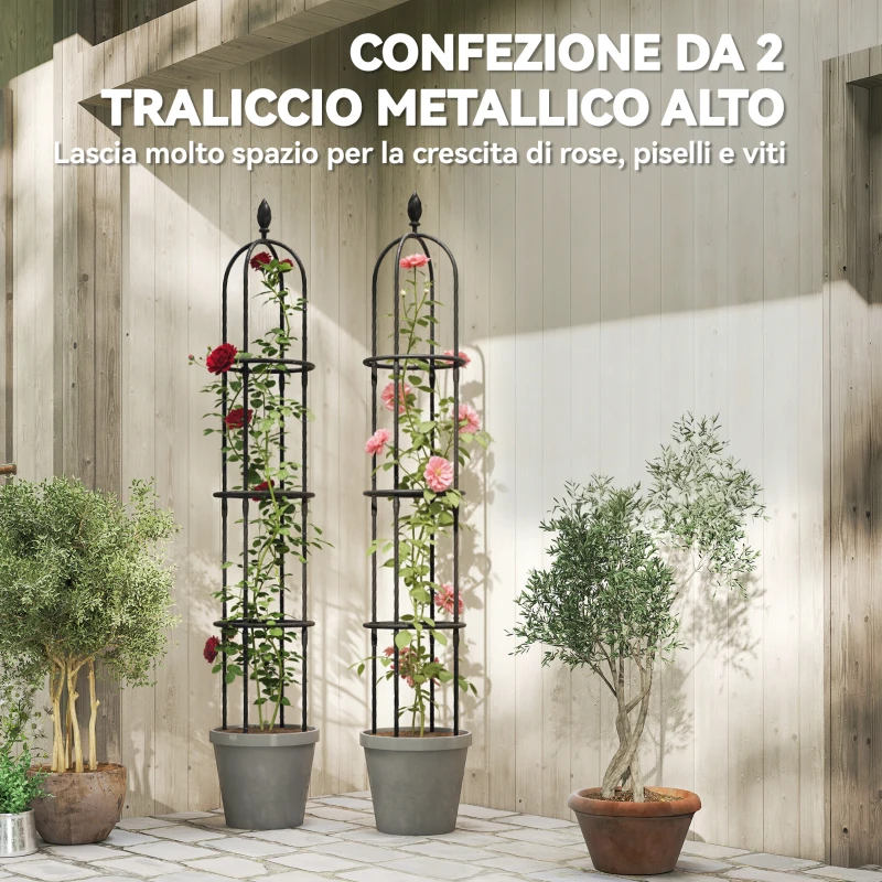 Outsunny Set 2 Supporti per Piante Rampicanti Alti 1.7 m in Acciaio Antiruggine con Decorazioni, Nero