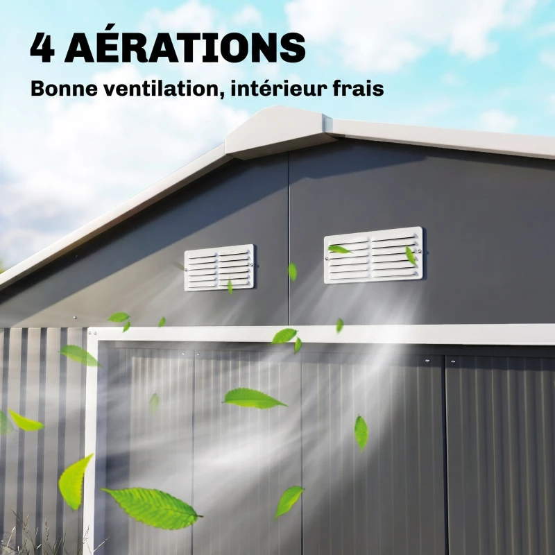 Outsunny Abri de Jardin 12,4 m², Kit de Fondation, Portes Coulissantes, Ventilations, Acier Galvanisé, 386x340x200cm, Gris Foncé