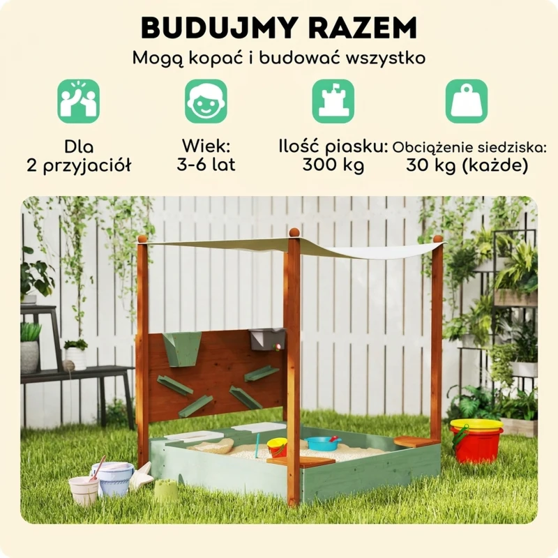 AIYAPLAY Wood Sandpit with Canopy, Storage Bins, Funnel, Liner, Chutes, Bucket with Tap, 116 x 112.5 x 128 cm, Green