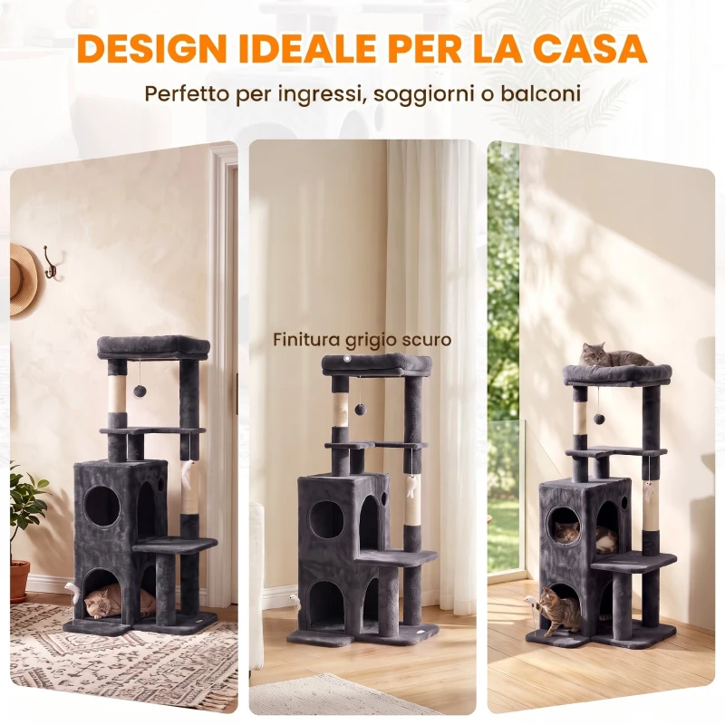 PawHut Albero Tiragraffi per Gatti Alto 132 cm con 2 Pali in Sisal, Cuccia, Casetta a 2 Livelli, Trespolo, Grigio Scuro