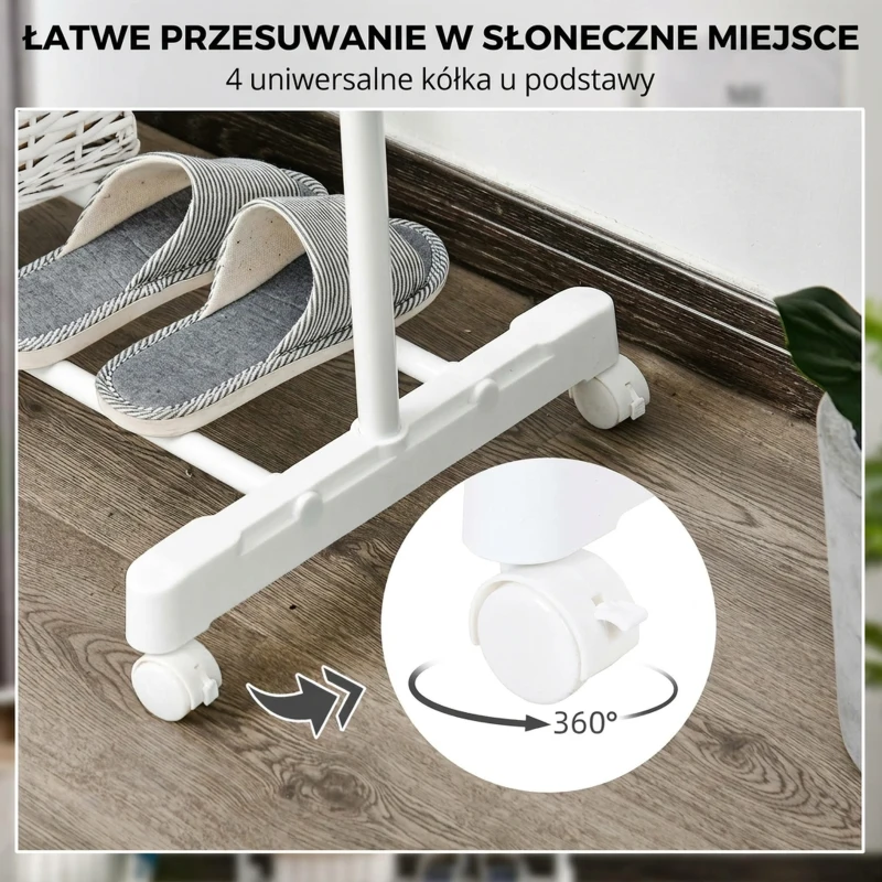 HOMCOM Mobilny wieszak na ubrania z regulowaną wysokością, z dolną półką, 4 koła, Biały