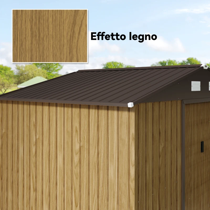 Outsunny Casetta da Giardino 4.9m² in Acciaio con Doppia Porta Scorrevole e Tetto Inclinato, Marrone Chiaro